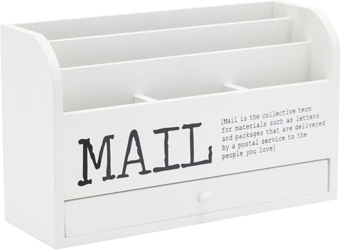 Juvale White Mail Organizer for Desktop, 3-Tier Wooden Sorter with Drawer for Files