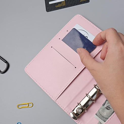 Pink A7 Macaron Colored PU Leather Binder Wallet - 6 Rings Loose Leaf Notebook Folders with Snap Button