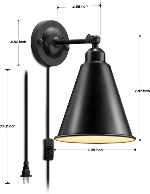 SLYYMY E26 Porch-2 Pack Plug in Wall Sconce, Metal Black Wall Sconce, Swing Arm Industrial Vintage Wall Lamp Fixture