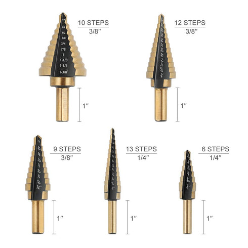 COMOWARE Step Drill Bit Set & Automatic Center Punch - Black and Gold, High Speed Steel, Set of 5 pcs
