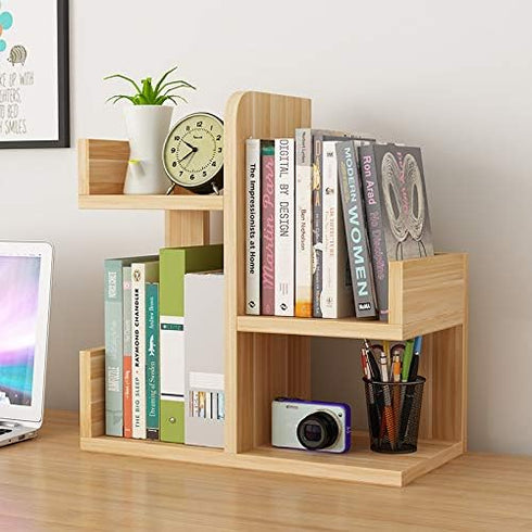 Wood Desktop Shelf, Small Assembled Bookshelf for Office Supplies, Literature Holder Display Rack (Walnut Color)