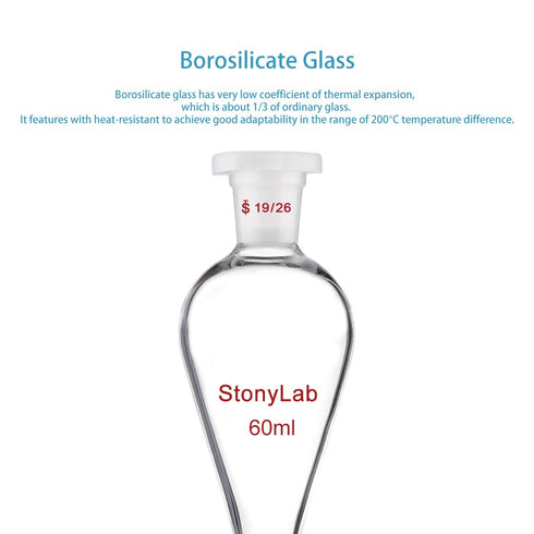 stonylab Borosilicate Glass 60 ml Heavy Wall Conical Separatory Funnel with PTFE Stopcock, 19/26 Joints