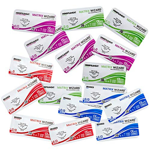 (16 0, 2/0, 3/0, 4/0 12 28PK Sterile Sutures Thread with Needle Plus Tools - First Aid Field Emergency, Trauma Practice