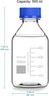 stonylab Graduated Storage Bottles with GL45 Screw Cap, 500 ml Borosilicate Glass Clear Round Lab Reagent Media Storage Bottles with Blue Screw Cap, 1 Pack by stonylab
