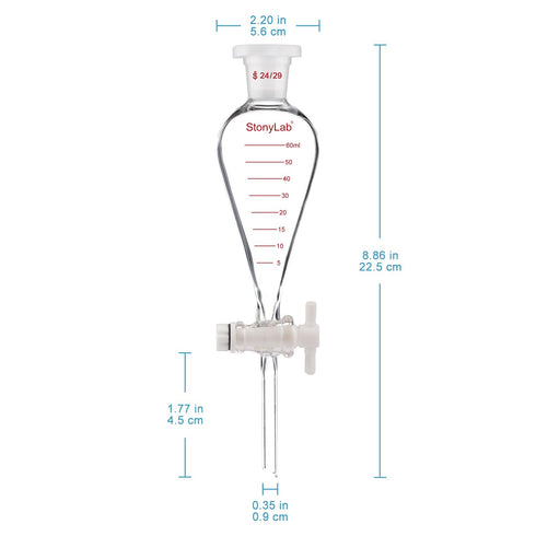 stonylab Graduated Separatory Funnel, 60 ml Heavy Wall Pear-Shaped Borosilicate Glass with PTFE Stopcock