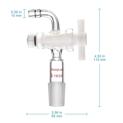 StonyLab Vacuum Flow Control Adapter with PTFE Stopcock, 19/22 Joint and Bent Hose Connection for Lab Supply