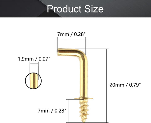 MroMax 1/2" 50Pcs Gold Screw in Hooks L Shape Hooks Carbon Steel 1 Shape Right Angle Hooks Brass Plated 7 Shape Screw Hooks Self-Tapping Screw Hook for Home Workplace Office by MroMax