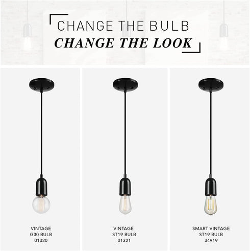 60614 1-Light GLOBE Electric x Novogratz Pendant Light Fixture, Glossy Black, Faux Ceramic Socket, Braided Fabric Cord