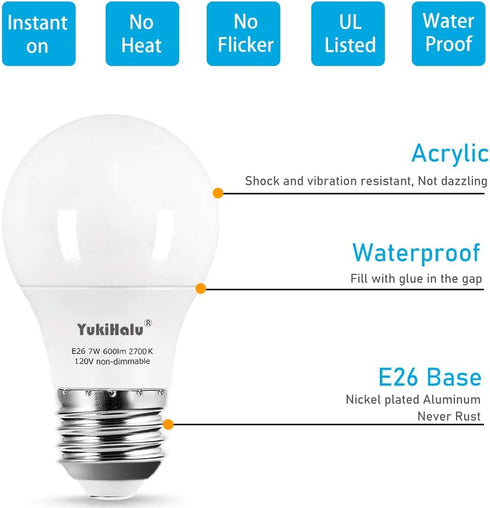 YukiHalu A15 Appliance Light Bulb, 60W Equivalent, 600 Lumens, 7W 120V, 2700k Soft White, Waterproof, E26 Base, 2-Pack