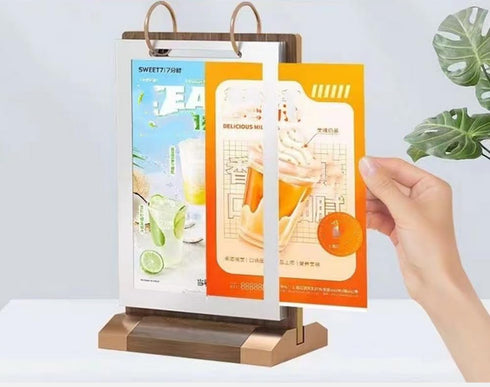 Rikyo 6 Pages-12 (4x6") Walnut Wood Sign Holder Vertical Table Card Flip Display Sides,T Double Sided Flyer Display