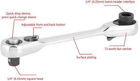 1/4" Drive Mini Ratchet Wrench, 72-Tooth Quick Release Socket Screwdriver, 1/4 Inch Mini Allen Wrench (107mm)
