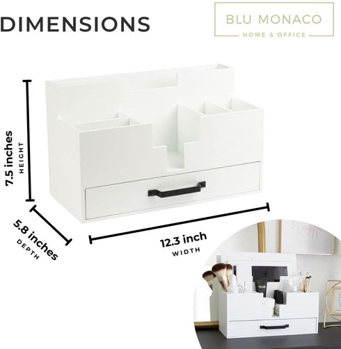 White Wood Office Desk Organizers and Accessories, Small Desk Organizer with Drawer for Home Office