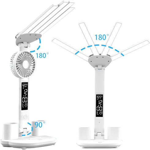 niccryle 3 Dimmable Foldable Led Desk Lamp with Fan Clock Light Study, Lighting Modes, Adjustable Table Lamp Eye Caring