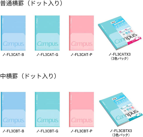 KOKUYO Campus Feels Flat Notebooks, Dot A 7mm Ruled, Semi-B5, 30 Sheets, 30 Lines, Pack of 3, Blue, Green and Pink,