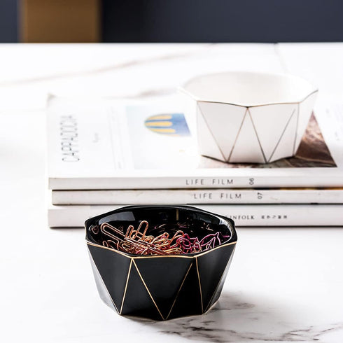 Geometric Ceramic Paper Clip Holder with Gold Line, Cute Paper Clip Dispenser for Desk, White Office Organizer