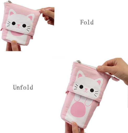 iSuperb Standing Pencil Pouch, Cute Cat Telescopic Zipper Canvas Pencil Bag for Kids