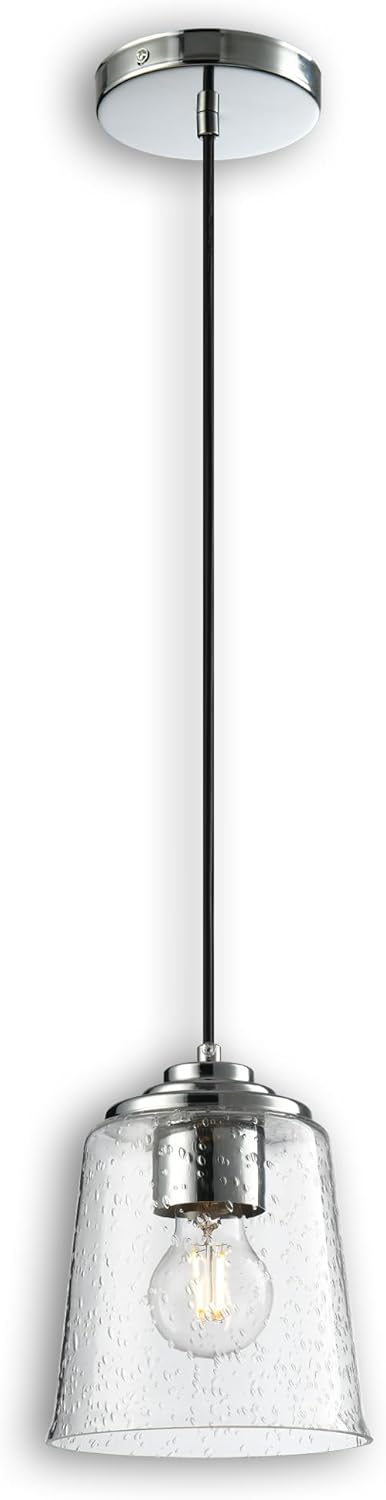Modern Bubble Glass Pendant Light, 6"x6"x7.5" Rain-Drop Glass Hanging Fixture with Chrome