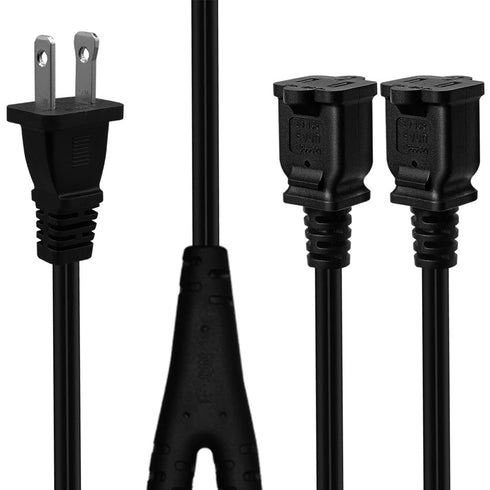 Nema 1-15P to Dual 1-15R Splitter Cable, US AC 2-Prong Male and Female Power Cable, 2Ft