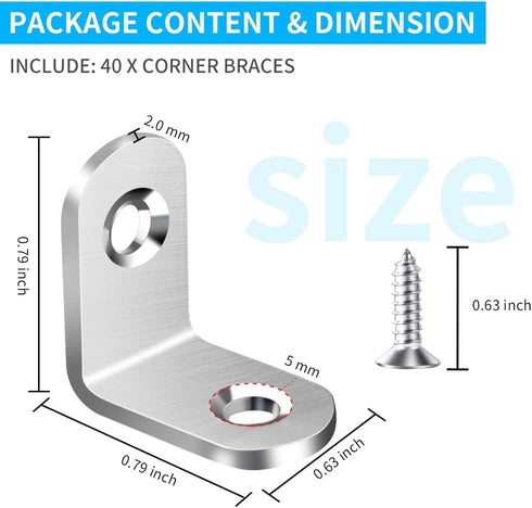40PCS L Bracket Corner Brace - Stainless Steel Right Angle Bracket Fastener for Wood Chair Bookshelf Furniture with