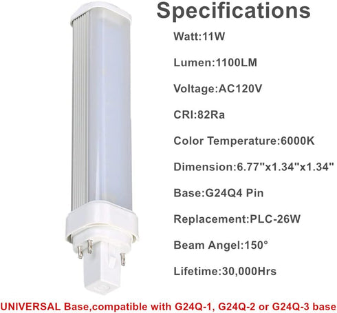 11W G24Q LED Bulb, 4 Pin CFL LED Replacement, G24Q PLC-26W Replacement, 1100LM, 120V 6000K LED Horizontal PL Bulb, Bypass The Ballast (Remove The Ballast) by ULIKELED