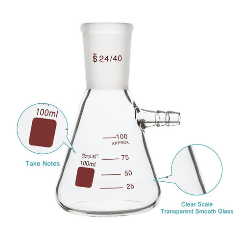stonylab Filtering Flask, 100 ml Heavy Wall Borosilicate Glass Filter Flask with 24/40 Standard Taper Outer Joint, Bolt
