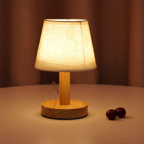 Small Table Lamp, Wooden Bedside Lamp with Linen Shade, Mini Desk Night Light for Bedroom and Living Room