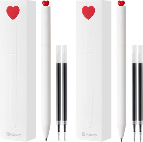 Kaco FIRST Gel Ink Pens, 2 Pieces Cute Heart Pen Set with 4 Extra Black Refills (2 White)