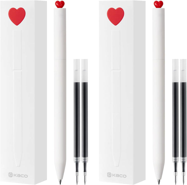Kaco FIRST Gel Ink Pens, 2 Pieces Cute Heart Pen Set with 4 Extra Black Refills (2 White)