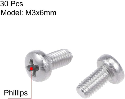 uxcell M3x6mm Machine Screws - 30Pcs Pan Phillips Cross Head 304 Stainless Steel Fasteners