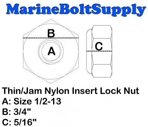 Stainless Steel Thin Jam Nylon Insert Lock Nuts 1/2-13, Pack of 10, Marine Bolt Supply