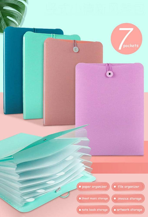 Vertical Expanding Accordion Folder with 7 Pockets, A4 Letter Size Document Wallet Organizer Bag, Pink with Elastic