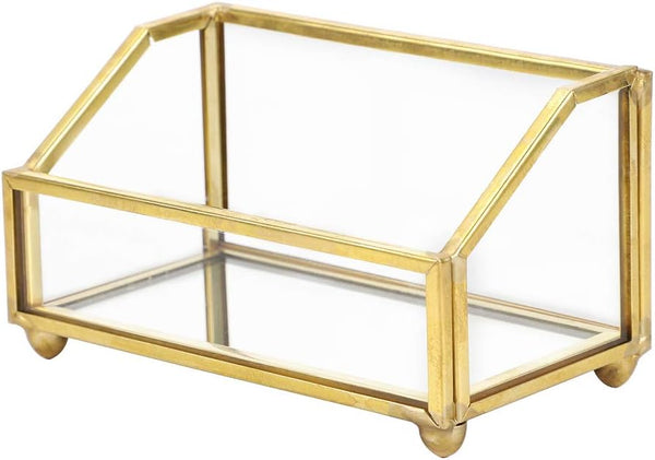 Hipiwe Glass Business Card Holder Stand - Gold Metal Frame Name Card Display Organizer for Office Desktop, Fits 80-100
