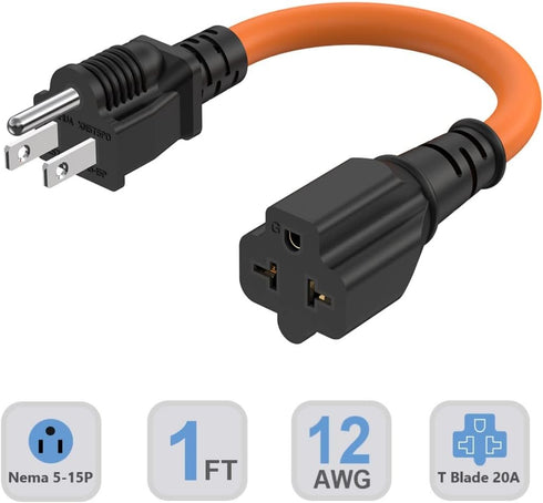 1Ft 12AWG 15 Amp Household Plug to 20-Amp Adapter Cable Nema 5-15P to 5-20R,5-15P to 6-15R/20R T-Blade 20Amp to 15Amp AC Plug-Adapter Cable,Heavy Duty 125V 15A to 20A 250V Extension Power Cord
