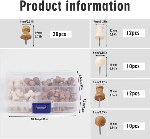 Push Pins, Thumb Tacks, Decorative Push Pins for Cork Board Wooden Thumb Tacks for Wall Hangings, Bulletin Boards, Maps, Photos, and Home Office Craft Projects with Storage Box (Coffee, White)