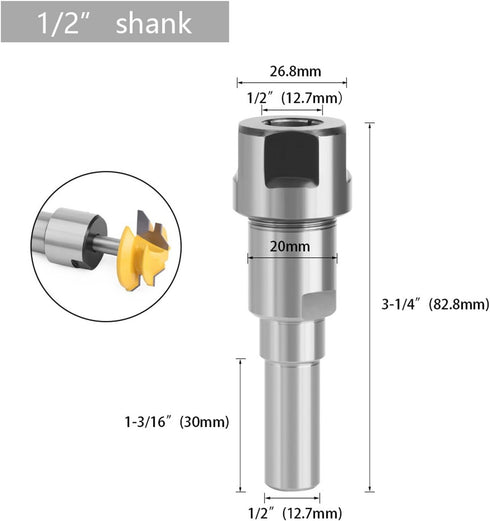Waningmoto 1/4", 8mm, 12mm, 1/2" Machine(1/2") Shank Extension & Adapter for Trim Router and Milling