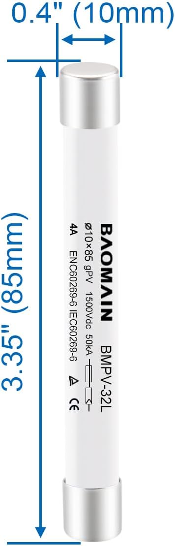 Baomain 5 Pack 1500VDC Solar PV Fuse gPV-Type Fuse Link 10 x 85 mm 50kA Photovoltaic Fuses BMPV-32L CE (4 Amp.)