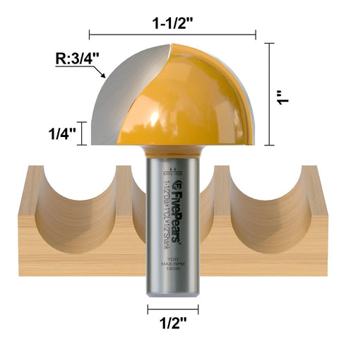 1/2 inch 1-1/2 inch 1 Fivepears Core Box Router Bit with Shank Cutting Diameter Cutting Length for DIY Woodwork