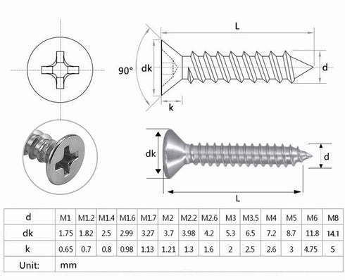 750Pcs 15-Size Metric M1 M1.2 M1.4 M1.6 M1.7 304-Stainless Steel Phillips Self-Tapping Screws Assortment Kit