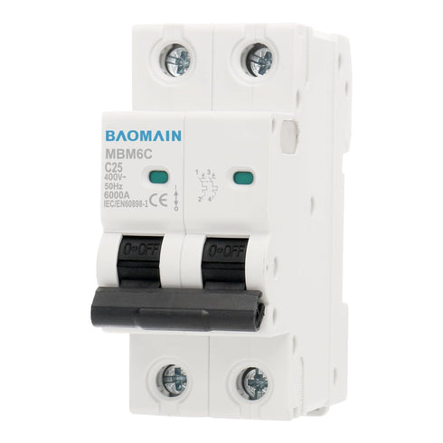 Baomain 25A AC Miniature Circuit Breaker, 400V 50Hz 6000A 2 Pole C65 MCB DIN Rail Mounting, MBM6C