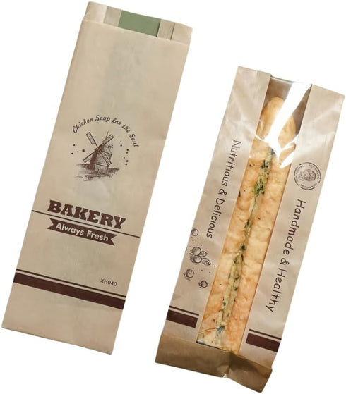 Urier 50 Pieces French Baguette Paper Bags with Window,13"Baguette Bag,Paper Bags with Window,Heat