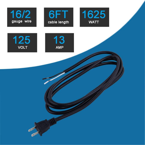 16AWG Replacement Power Cord 2 Prong Pigtail 2 Wire 16 Gauge Polarized Plug Extension Cord 13A 125V 1625W 110V AC Power Supply Cord SJT 6FT Open End Repair Old Cord Replace 16 AWG Black