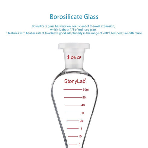 stonylab Graduated Separatory Funnel, 60 ml Heavy Wall Pear-Shaped Borosilicate Glass with PTFE Stopcock