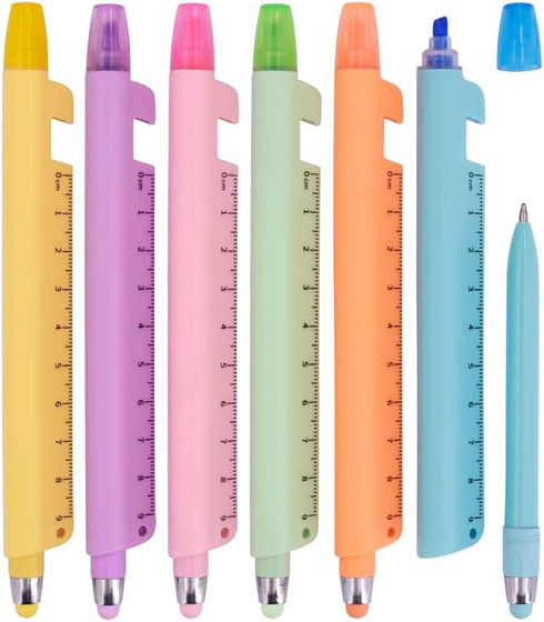 6 PCS Multifunctional Pen - 4-in-1 Blue Ink Ballpoint Pen, Highlighter9cm Ruler