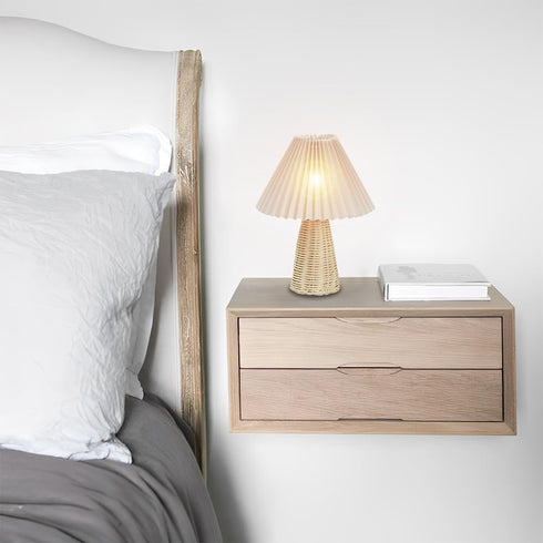 Tiiyee Small Table Lamp, Pleated Table Lamp Bedside Night Lamp with Rattan Base Fabric Pleated Lampshade Vintage Design