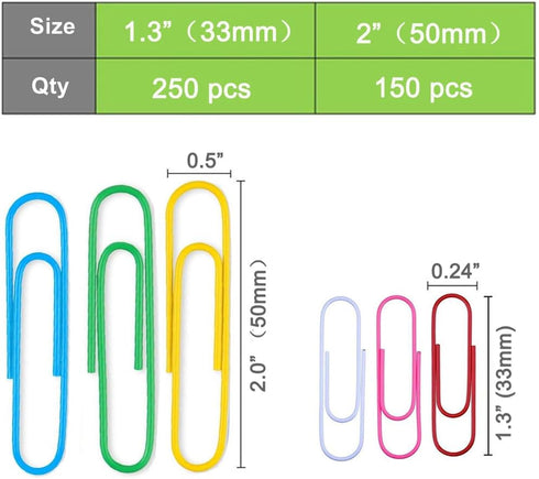 Vinaco Colorful Paper Clips, 400PCS Medium and Jumbo (1.3 inch & 2 inch), Durable Rustproof Large Paperclips