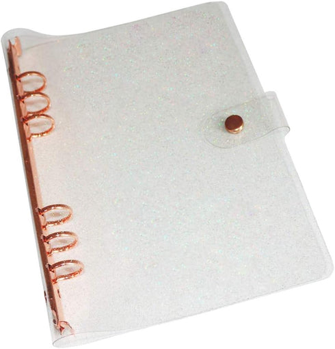 Personal A5 Glitter PVC Binder Cover, Clear Soft PVC Notebook Shell with 6 Rose Gold Round Ring Binders