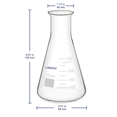 Glass Wide Mouth Erlenmeyer Flask, 250 ml Borosilicate Glass with Heavy Duty Rim, Pack of 1
