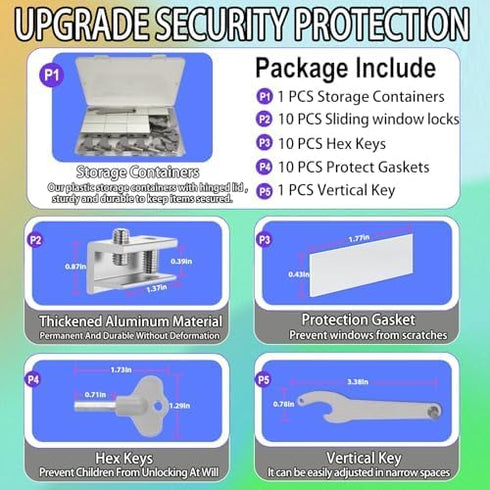 Locks,10 Sets Window Sliding Window Locks with Key, Window Locks for Up and Down Windows,Easy to Install Vertical