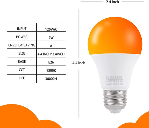 LED Amber Light Bulbs, A19 9W (60W Equivalent), 1800K E26 Amber Soft Light Bulbs, 2 Pack