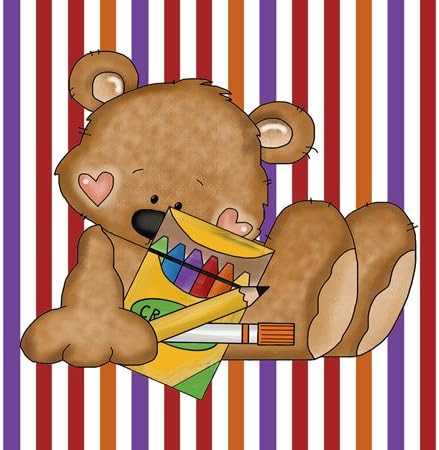 3dRose 8 Inch Cute School Bear with Crayons Pencil and Glue Stick On Striped Background Ceramic Tile